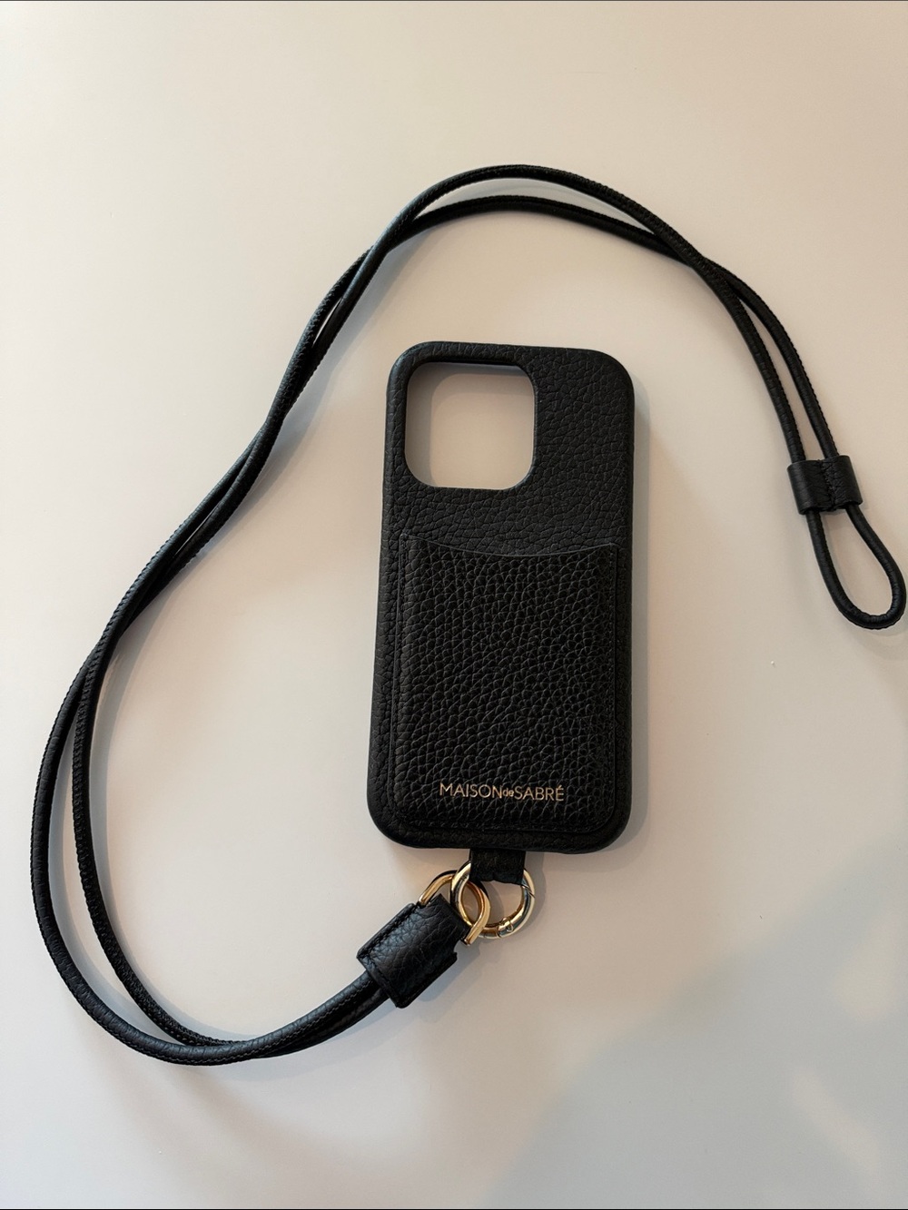 Maison de Sabré Black Leather Phone Case with card holder & detachable Lanyard